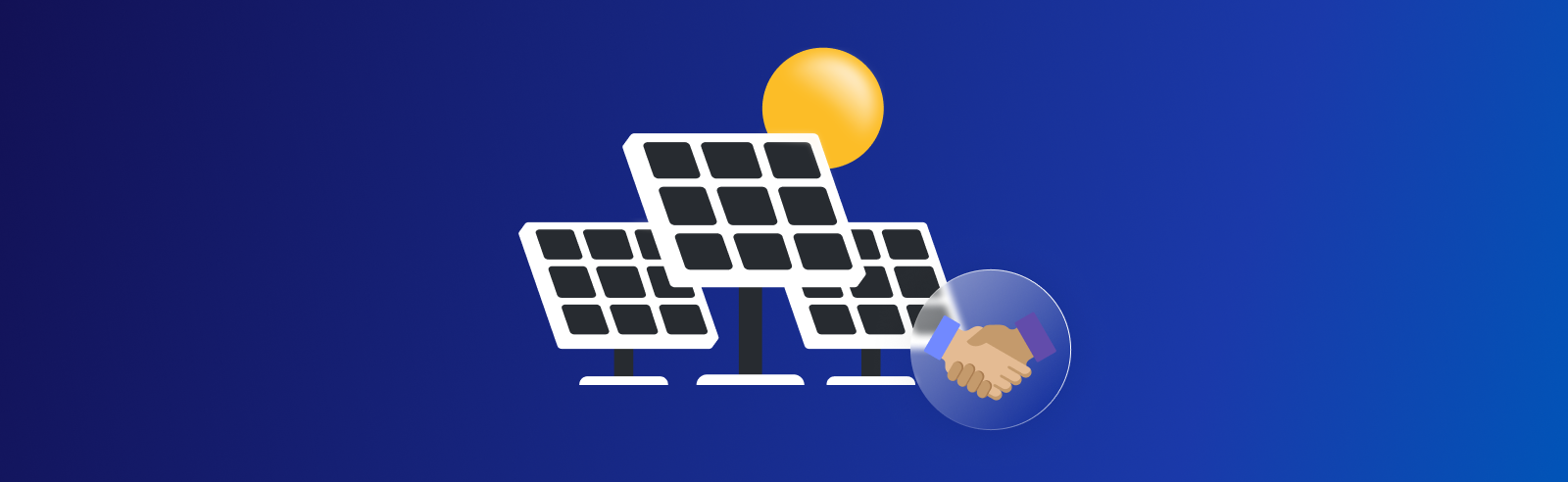 Solar panels on a blue background with hands shaking at the bottom