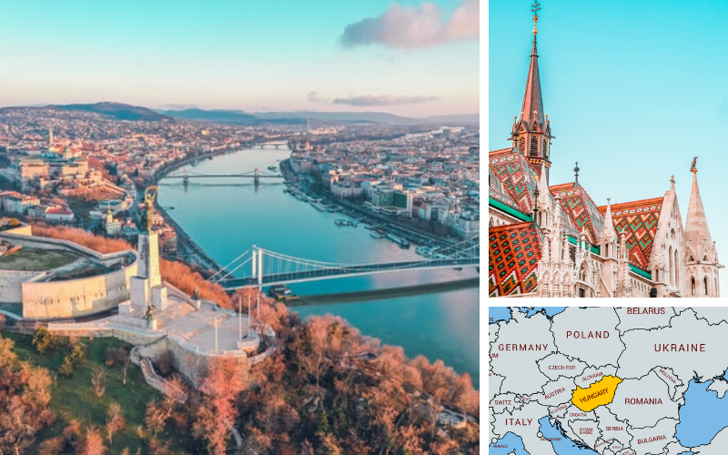This image shows the Danube River that runs through Budapest, Hungary, Matthias Church in Budapest, Hungary, and a map that shows where Hungary is located.