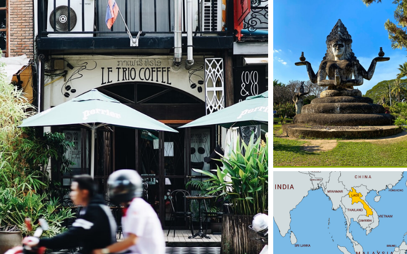 This image shows Le Trio Coffee in Vientiane, Laos, a map that shows where Laos is located, and Buddha Park, a sculpture park near Vientiane, Laos.