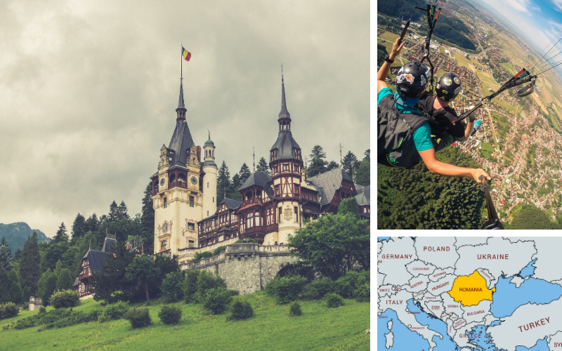 This image shows Peles Castle near Sinaia, Romania, two people parachuting over Brasov, Romania, and a map that shows where Romania is located.
