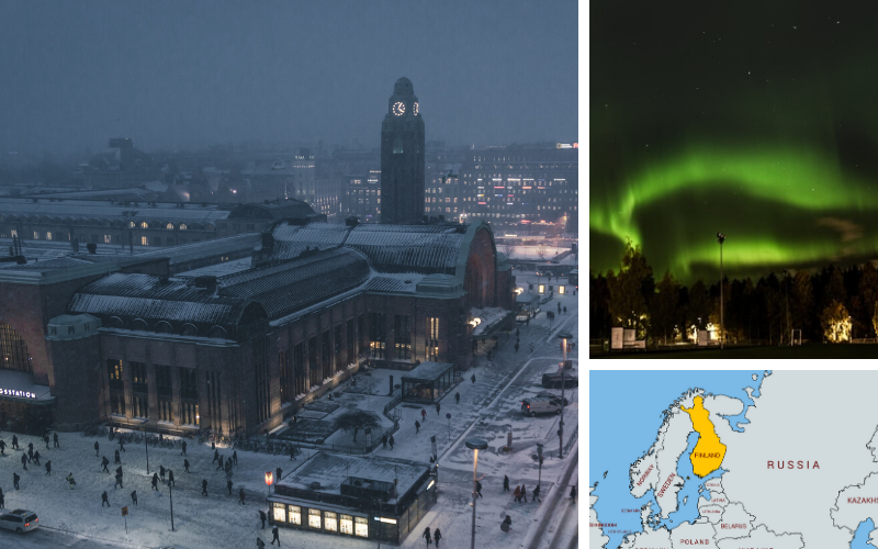 This image shows Helsinki, Finland covered in snow, northern lights over Oulu, Finland, and a map that shows where Finland is located.