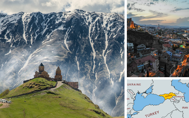 Georgia map with photos of hillside and tbilisi