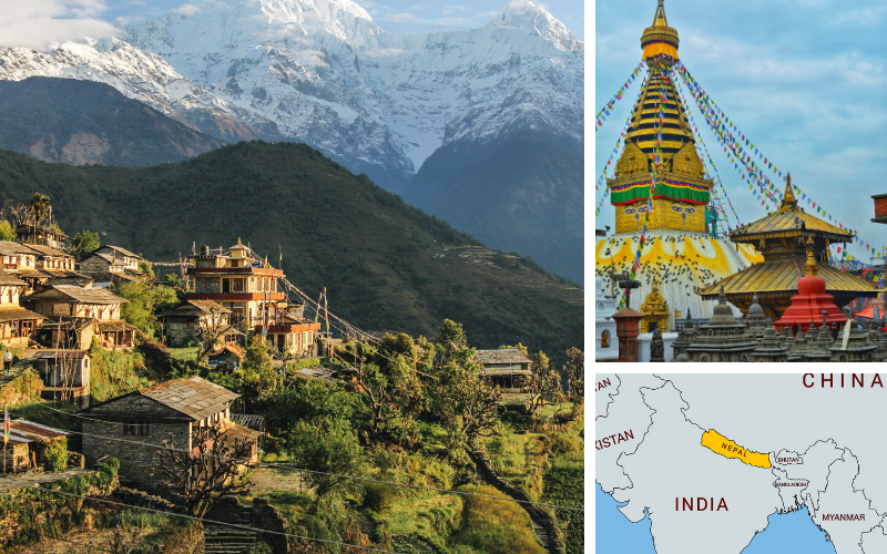 This image showcases the landscape of Annapurna in Narchyang, Nepal, a map that shows where Nepal is located, and the UNESCO World Heritage Site in Kathmandu, Nepal.
