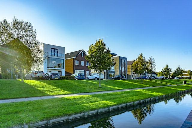 Houses and cars on a street